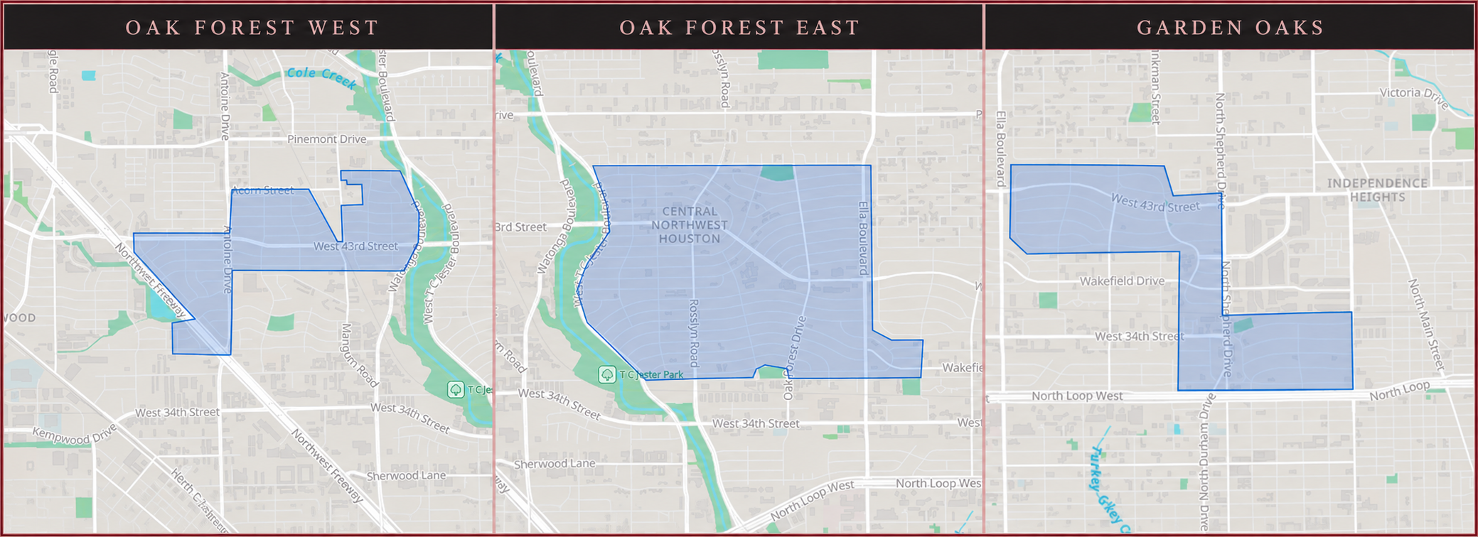 Comparison map showing Oak Forest West, Oak Forest East, and Garden Oaks from left to right
